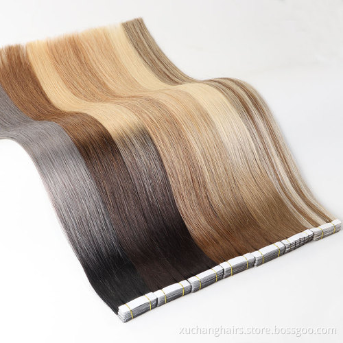 Wholesale Double Drawn Cuticle Aligned virgin natural hair extension human Tape Russian 100% Remy Hair Extension tape in vendors